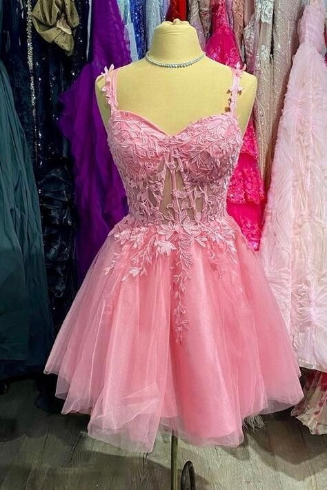 Chic Straps A-line Pink Tulle Short Homecoming Dress with Leaf Lace GM681