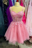 Chic Straps A-line Pink Tulle Short Homecoming Dress with Leaf Lace GM681