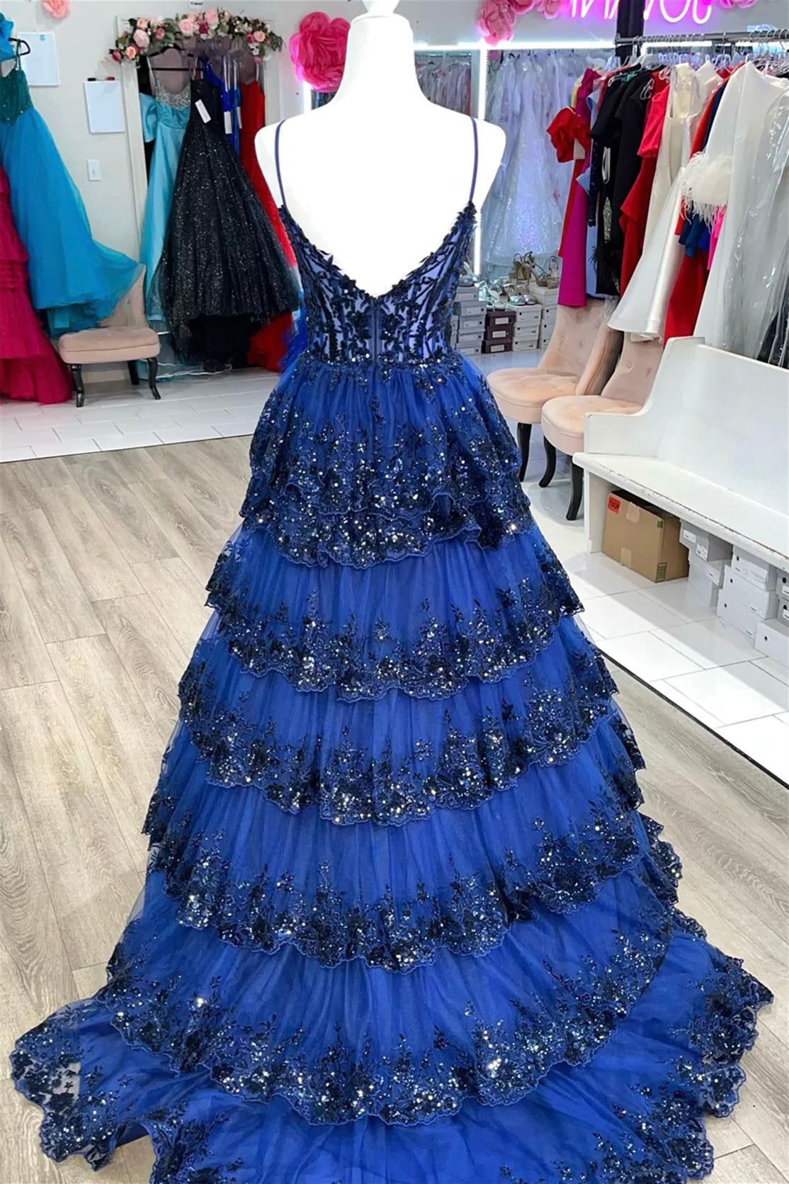 princess red floral layers sequined slit long prom dress