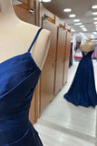 simple royal blue pleated straps cut out satin long prom dress