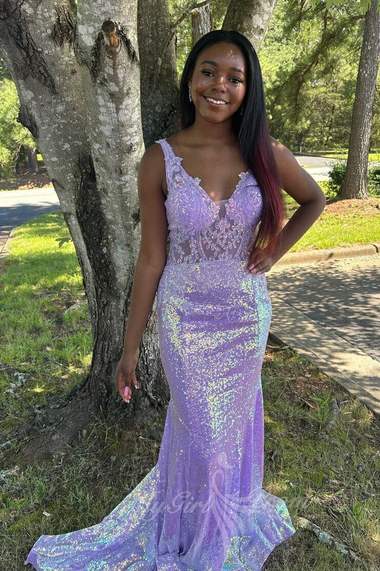 Glamour Lilac Mermaid V-Neck Appliques Sparkly Prom Dress With Train GP775