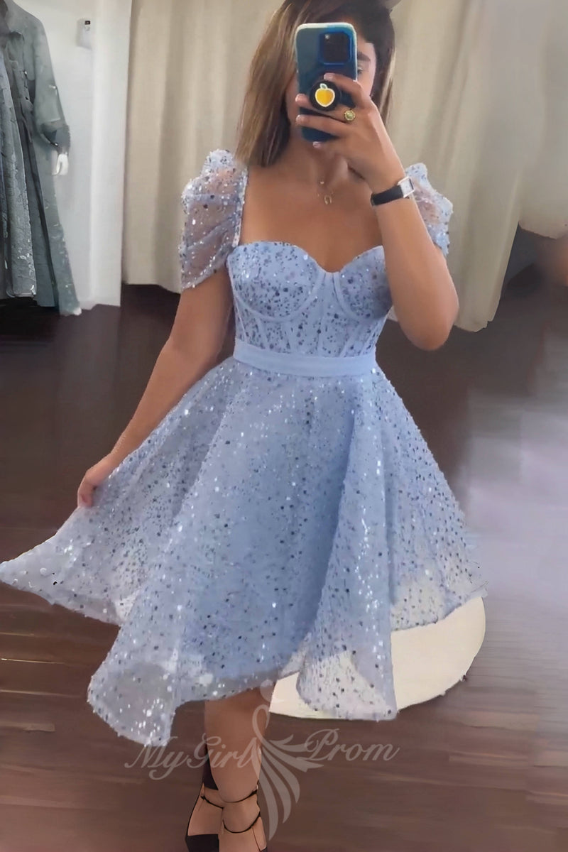 Glitter Beads Sequins Short Prom Dresses Blue Short Sleeves Homecoming Dress GM723
