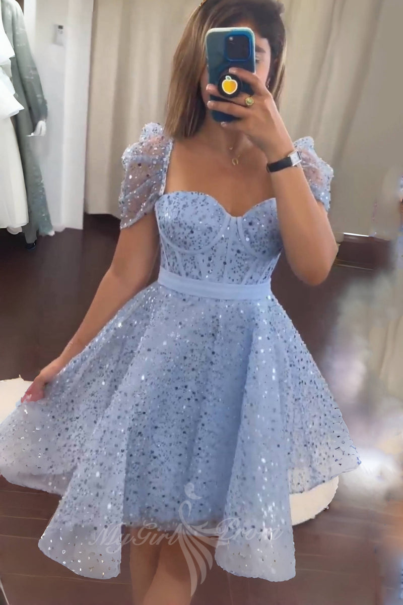 Glitter Beads Sequins Short Prom Dresses Blue Short Sleeves Homecoming Dress GM723