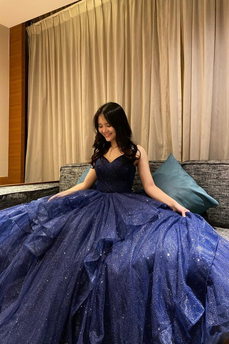 Glitter Dark Blue Ruched Tulle Long Prom Dresses, Shiny Formal Gown GP700