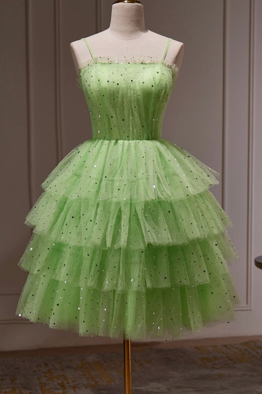 Glitter Stars Tulle Layered Homecoming Dress, Green 8th Grade Dance Dresses GM676