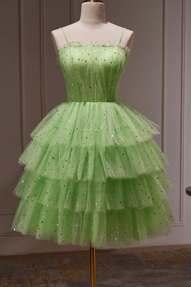 Glitter Stars Tulle Layered Homecoming Dress, Green 8th Grade Dance Dresses GM676