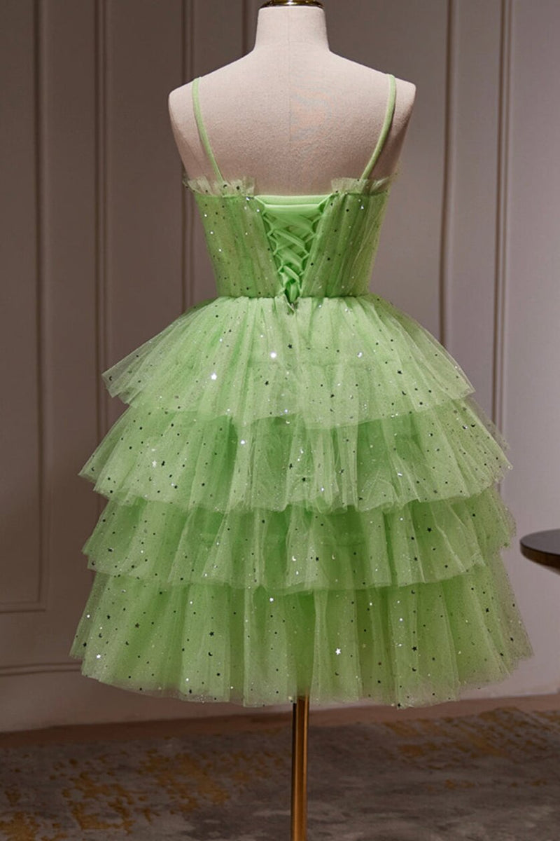 Glitter Stars Tulle Layered Homecoming Dress, Green 8th Grade Dance Dresses GM676