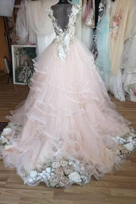 Gorgeous Bohemian Tulle Long 3D Floral Wedding Dress, Fairytale Bridal Gown PW555