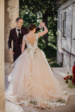 Gorgeous Bohemian Tulle Long 3D Floral Wedding Dress, Fairytale Bridal Gown PW555