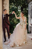Gorgeous Bohemian Tulle Long 3D Floral Wedding Dress, Fairytale Bridal Gown PW555