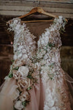 Gorgeous Bohemian Tulle Long 3D Floral Wedding Dress, Fairytale Bridal Gown PW555