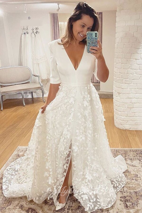 Half Sleeves A-line V-neck Lace Appliques Boho Wedding Dress, Elegant Bridal Gown PW575