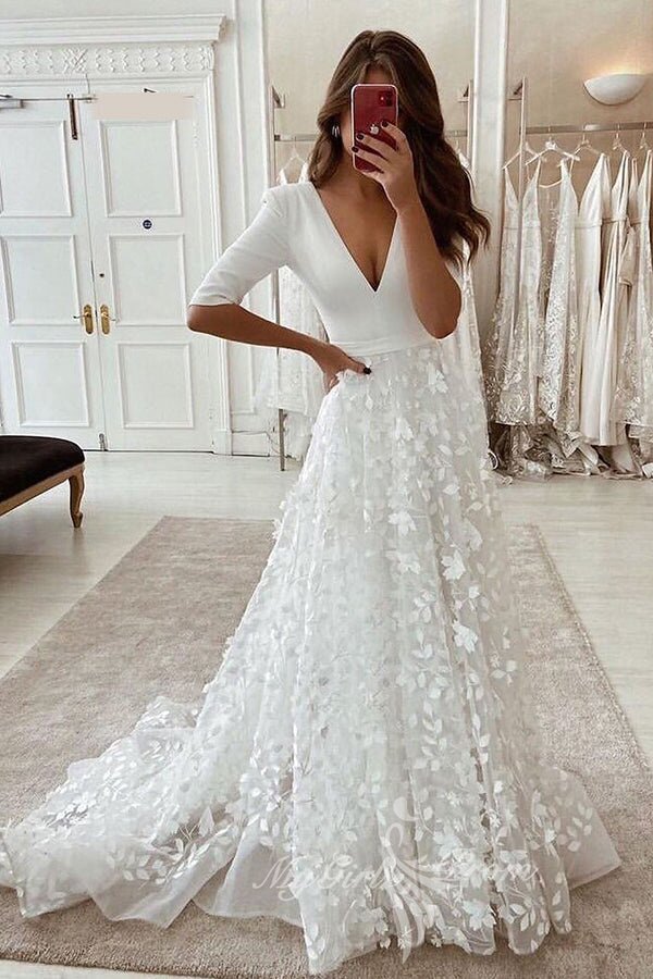 Half Sleeves A-line V-neck Lace Appliques Boho Wedding Dress, Elegant Bridal Gown PW575