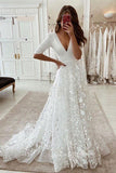 Half Sleeves A-line V-neck Lace Appliques Boho Wedding Dress, Elegant Bridal Gown PW575