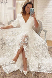 Half Sleeves A-line V-neck Lace Appliques Boho Wedding Dress, Elegant Bridal Gown PW575