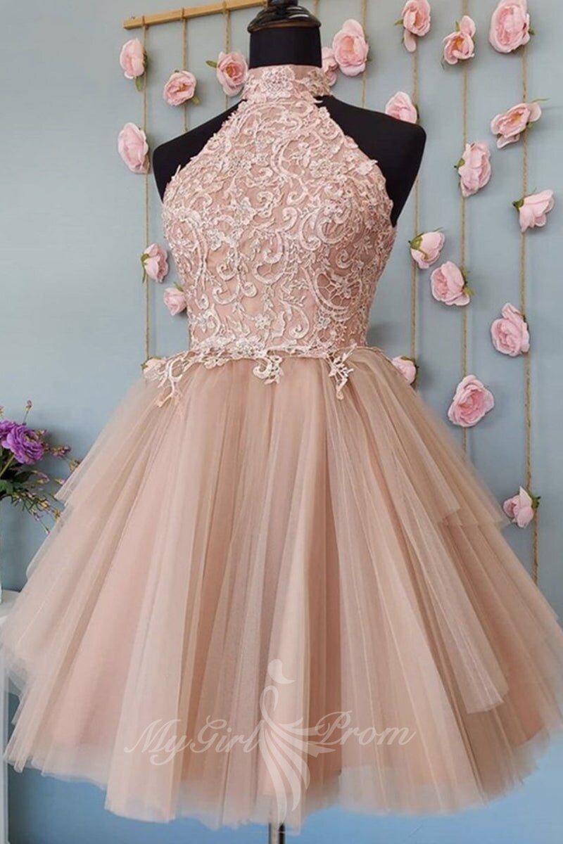 High Neck Open Back Short Lace Prom Dress, Tulle Lace Graduation Dress GM707