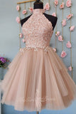 High Neck Open Back Short Lace Prom Dress, Tulle Lace Graduation Dress GM707