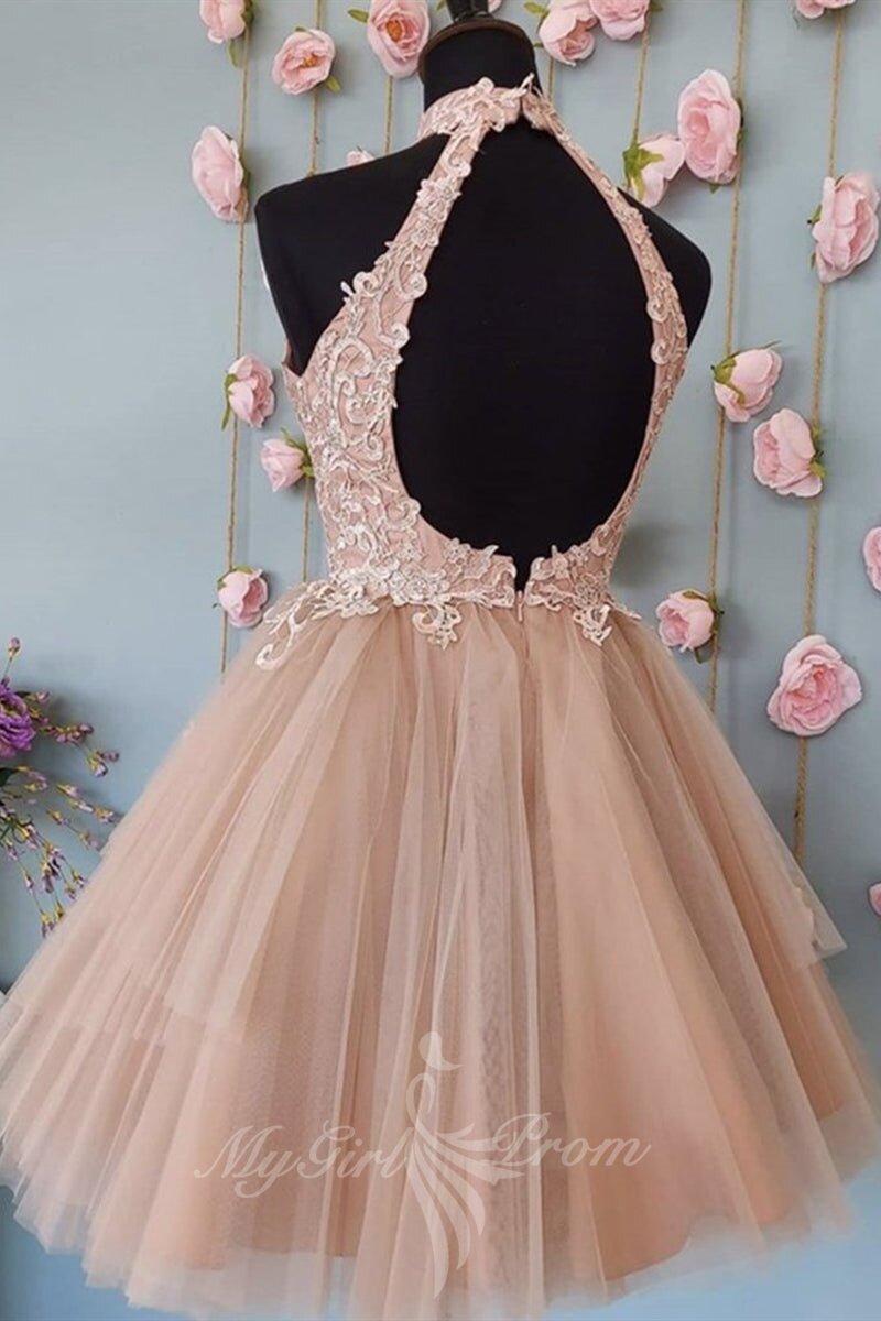 High Neck Open Back Short Lace Prom Dress, Tulle Lace Graduation Dress GM707