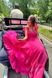 hot pink ruffles plunging v neck a line chiffon long prom dresses