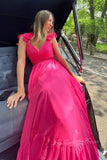 hot pink ruffles plunging v neck a line chiffon long prom dresses