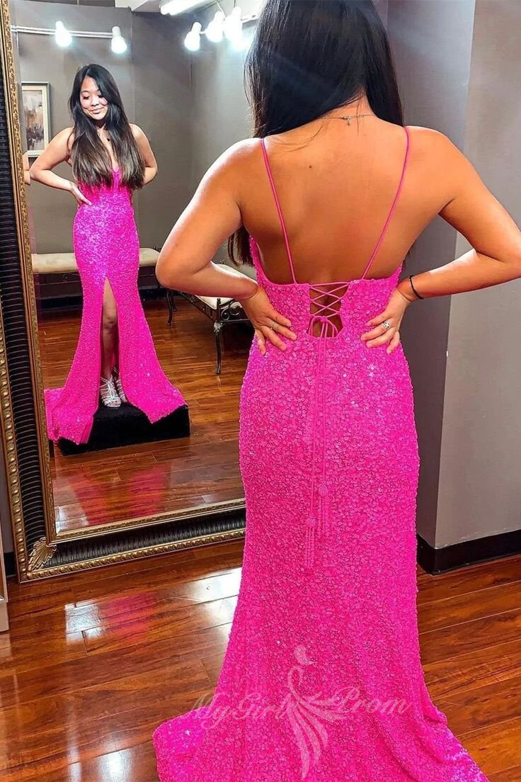 hot pink sequin long prom dresses sparkly mermaid slit evening gowns