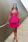 Hot Pink Sweetheart Keyhole Pleated Homecoming Dress Layered Short Prom Dress GM710