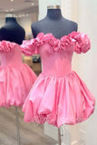Cute Satin A-Line Off-Shoulder Pink Puffball Homecoming Dress GM737