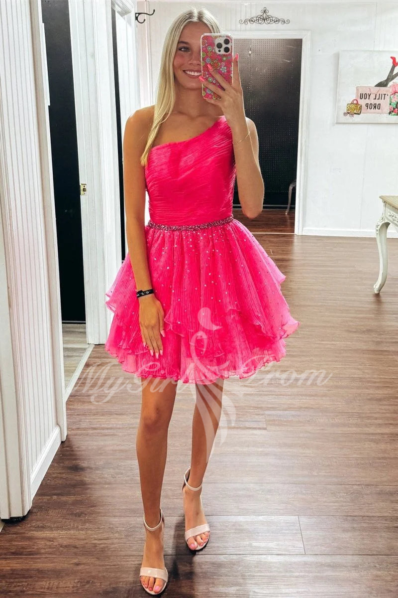 Chic One-Shoulder Beaded Ruffles Tulle Pink Homecoming Dresses GM739