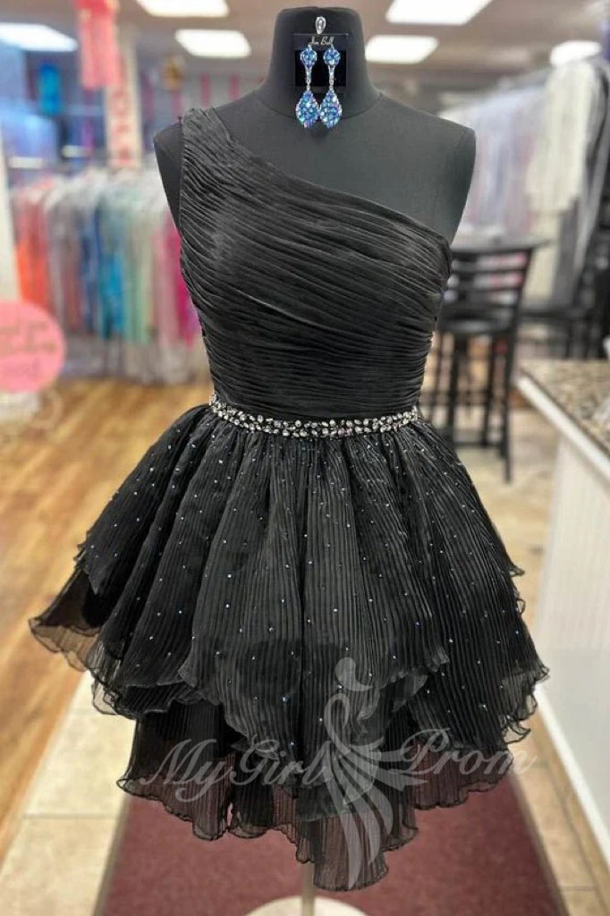 Chic One-Shoulder Beaded Ruffles Tulle Pink Homecoming Dresses GM739