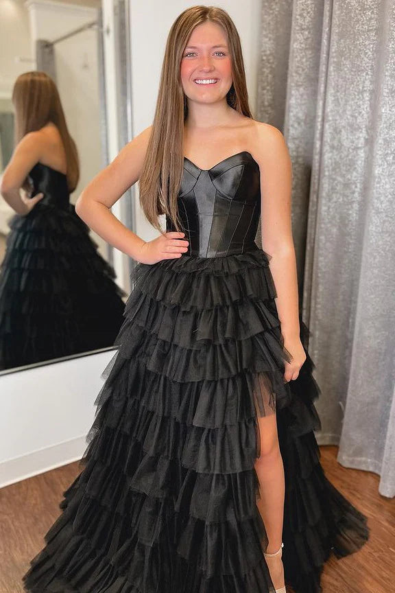black strapless princess layered prom dress black evening gown with slit