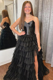 black strapless princess layered prom dress black evening gown with slit