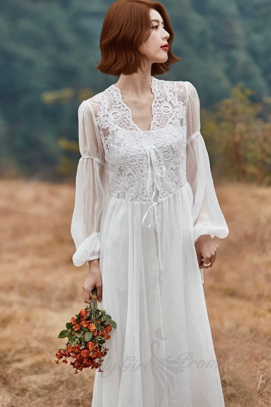 Boho V-neck Chiffon Long Wedding Dress, Beach Backless Two Piece Maxi Dress PW22