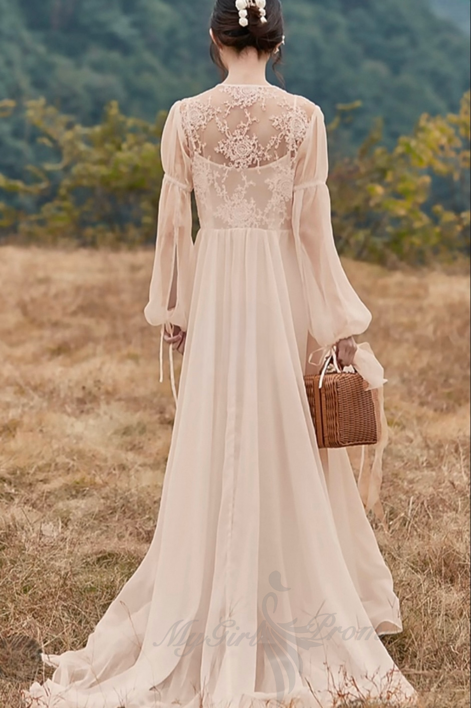 Boho V-neck Chiffon Long Wedding Dress, Beach Backless Two Piece Maxi Dress PW22