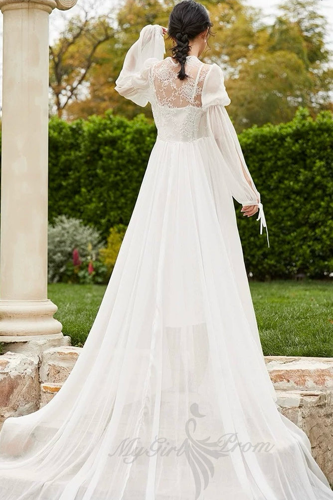 Boho V-neck Chiffon Long Wedding Dress, Beach Backless Two Piece Maxi Dress PW22