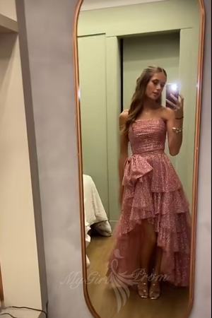 Shiny Strapless High Low Rose Gold Prom Party Dress With Bowknot GP795