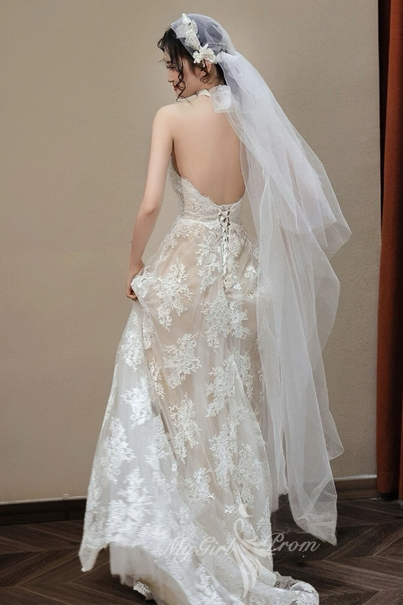 Elegant Halter Neck Lace Wedding Dresses Tulle Backless Bridal Gown PW611