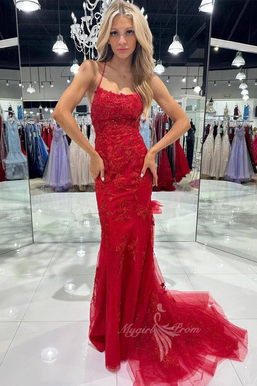glamour red tulle lace long prom desses sleeveless evening gown