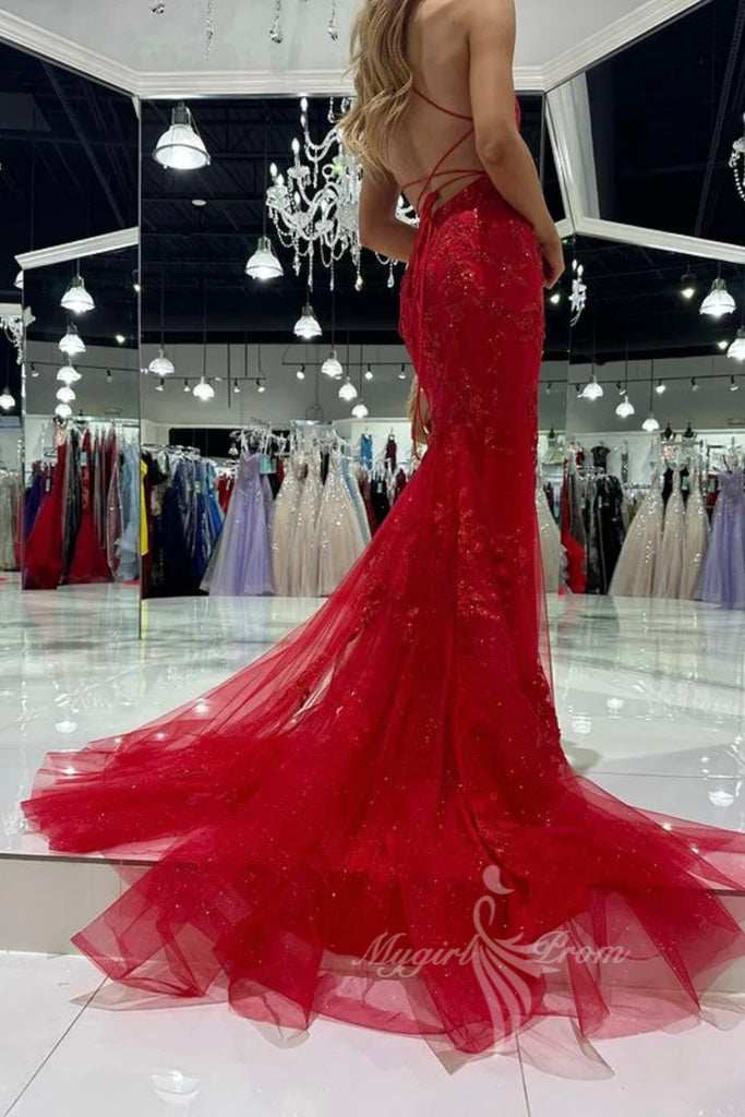 glamour red tulle lace long prom desses sleeveless evening gown