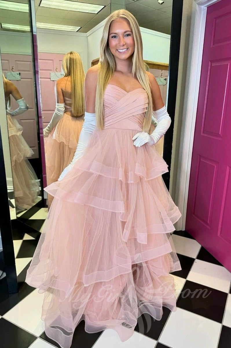 Blush Pink Strapless Ruffle Tiered Tulle A-Line Prom Dresses GP801