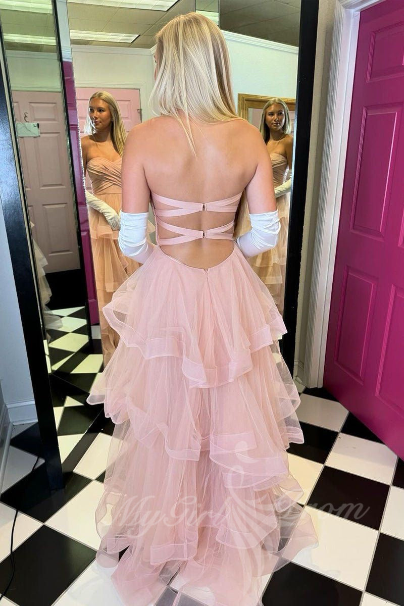 Blush Pink Strapless Ruffle Tiered Tulle A-Line Prom Dresses GP801