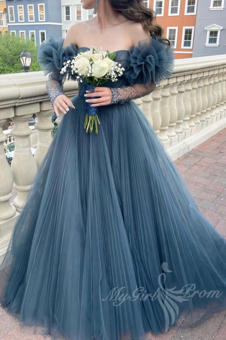 dusty blue tulle prom dress long sweetheart off shoulder formal gown