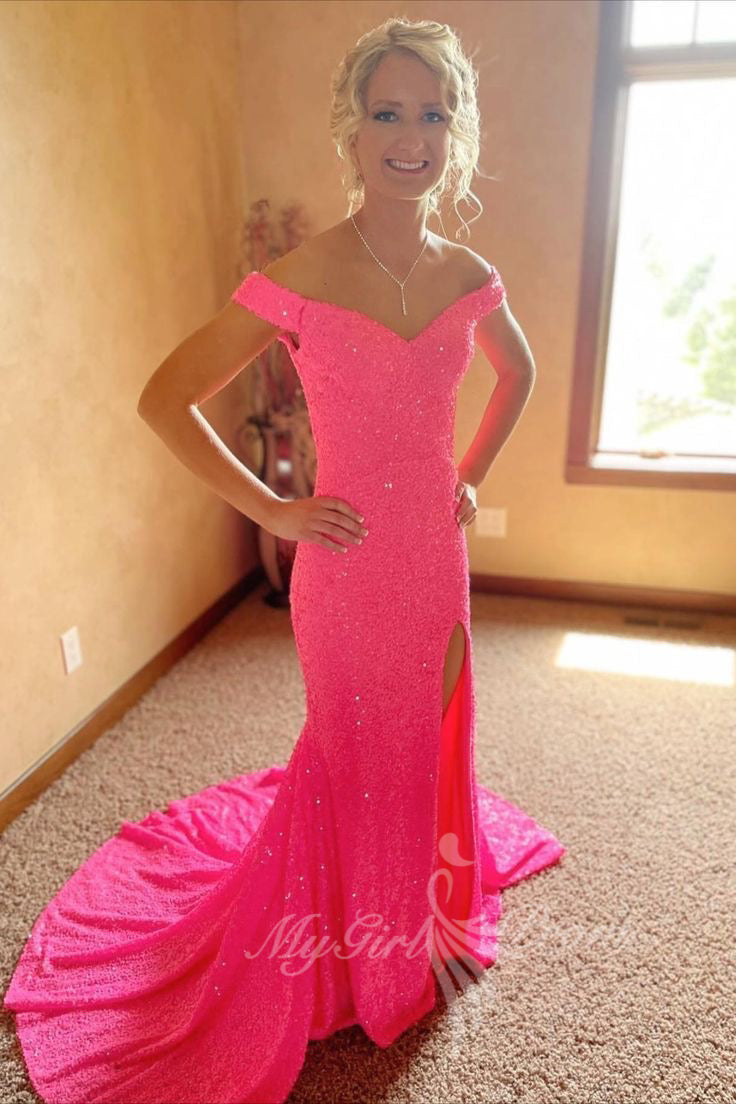 barbie pink sequined mermaid prom dress long slit formal gown