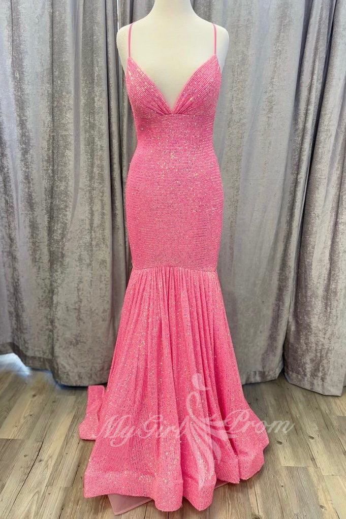 sparkle v neck pink sequin long prom dress mermaid sleeveless party gown