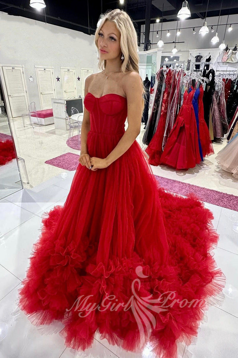 princess red tulle sweetheart long prom dress elegant formal gown