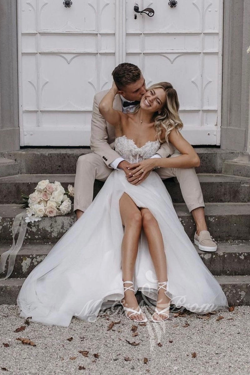 sweetheart lace corset tulle boho wedding dress slit beach bridal gown