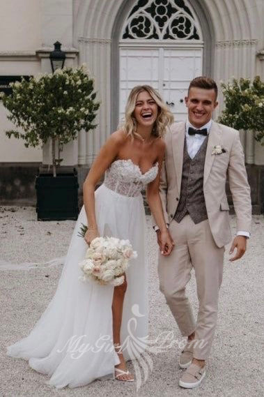 sweetheart lace corset tulle boho wedding dress slit beach bridal gown