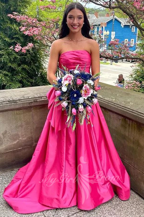 elegant strapless satin bow prom dress hot pink formal gown with train