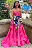 elegant strapless satin bow prom dress hot pink formal gown with train