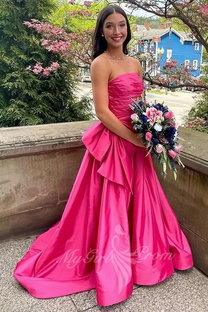 elegant strapless satin bow prom dress hot pink formal gown with train