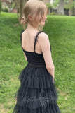 princess v neck black tulle a line layered prom dress long formal gown